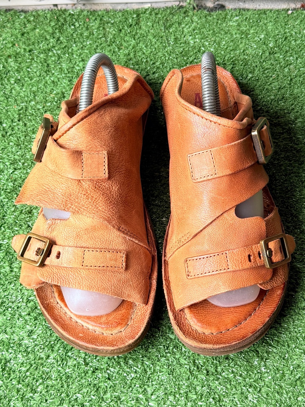 A.S.98 Brown Distressed Leather Women’s Dual Buckle Sandals
